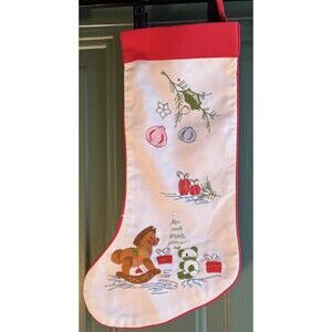 Handmade Vintage 17” Embroidered Toys Presents Christmas Stocking Red & White